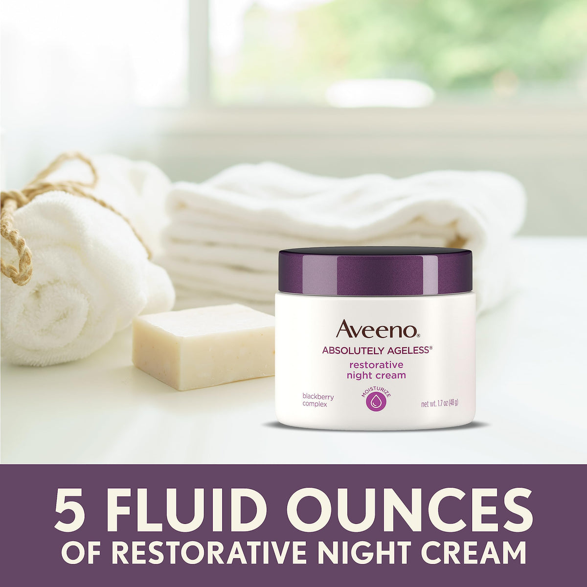 Aveeno jar on nightstand in bathroom setting for nightly routine