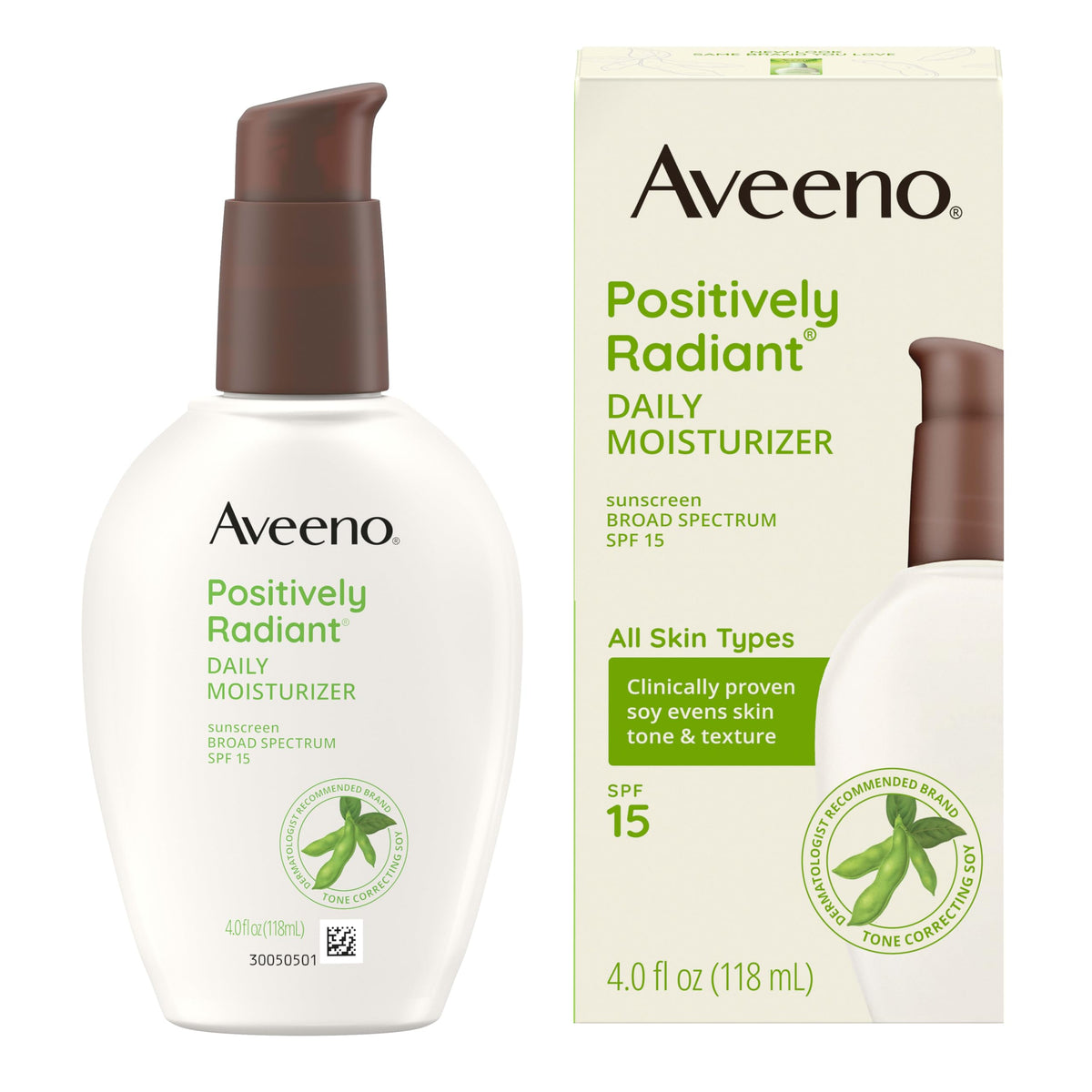 Aveeno product with soy imagery emphasizing tone-correcting benefit