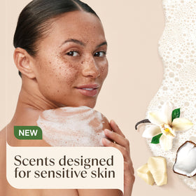 Aveeno dispensing creamy lather from pump to demonstrate rich cushioning benefit