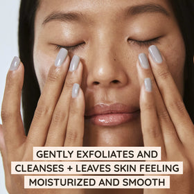 Aveeno pump dispensing silky cleanser texture, gentle exfoliation benefit