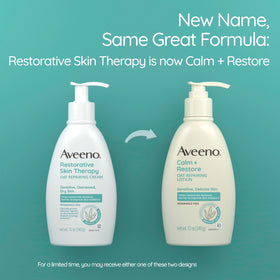 Aveeno pump dispenser close-up highlighting oat texture and easy dispensing benefit