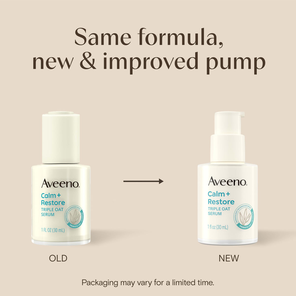Aveeno pump dispensing serum highlighting easy, measured application benefit