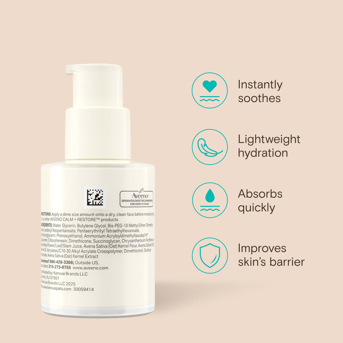 Pump bottle next to a hand to show Aveeno size and travel-friendly benefit