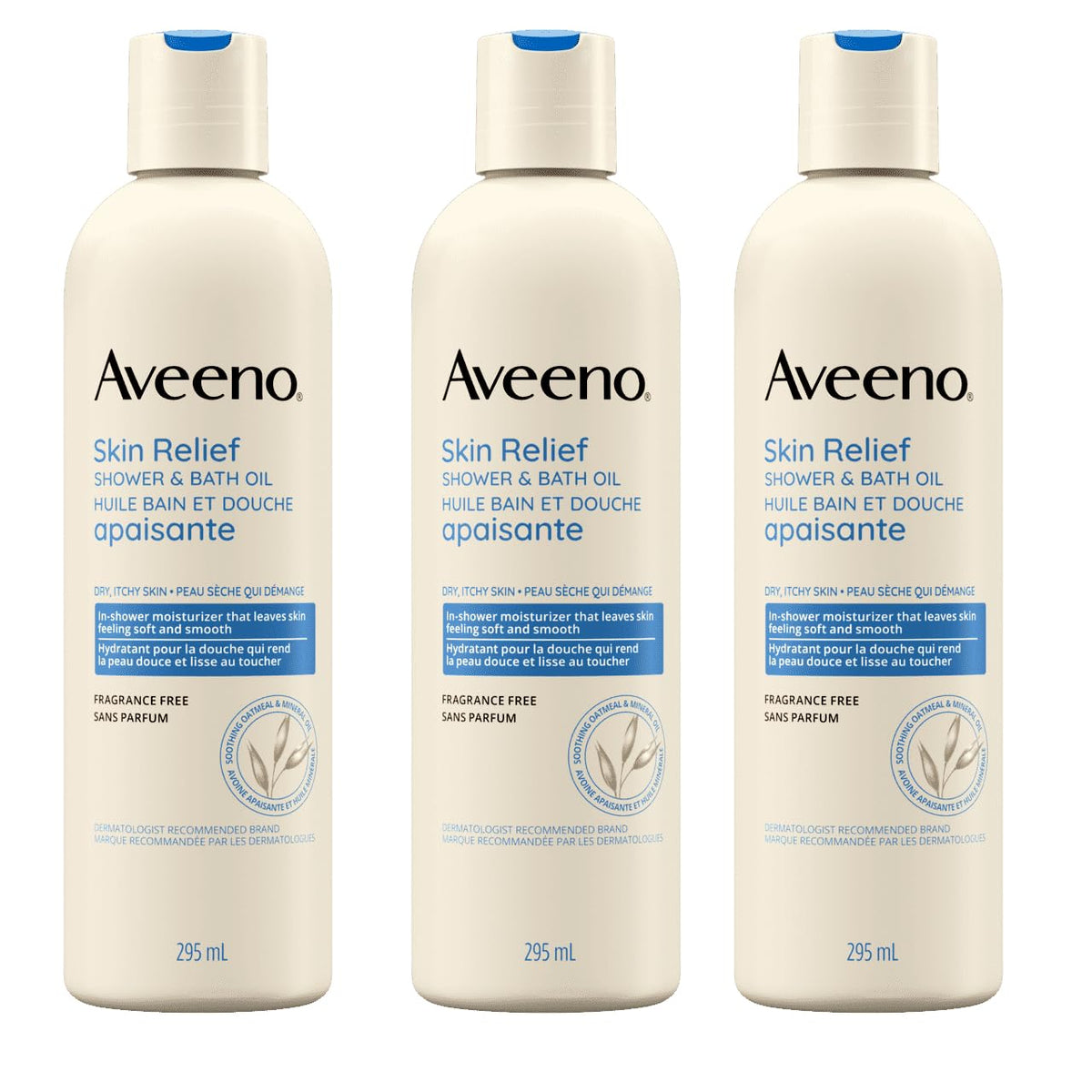 Aveeno 3-pack front packaging showing bottles and label for easy identification and reassurance