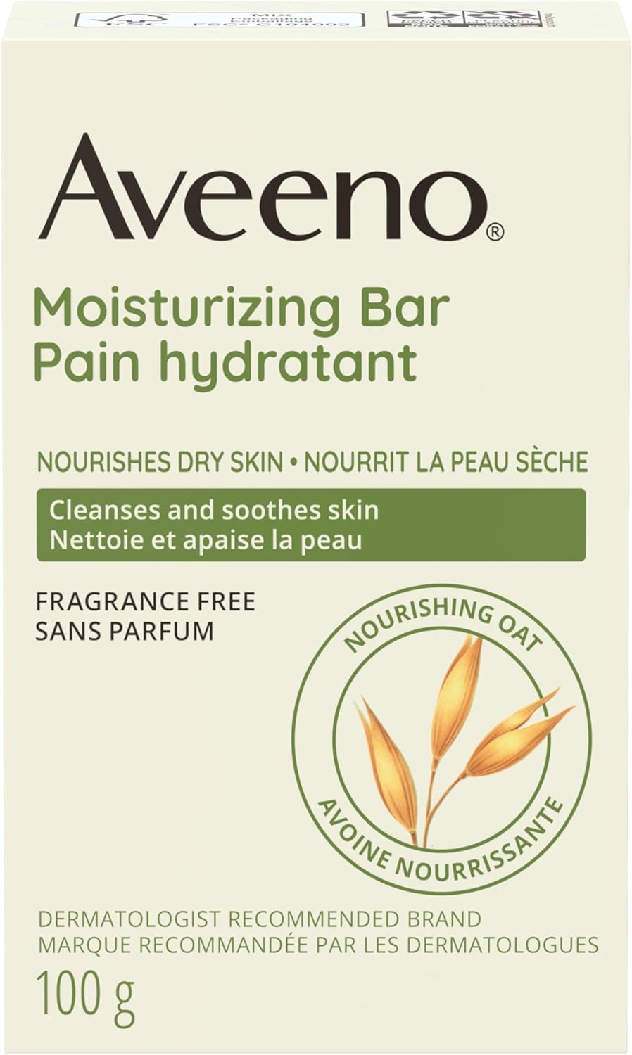Aveeno single bar closeup texture showing gentle oat particles for soothing