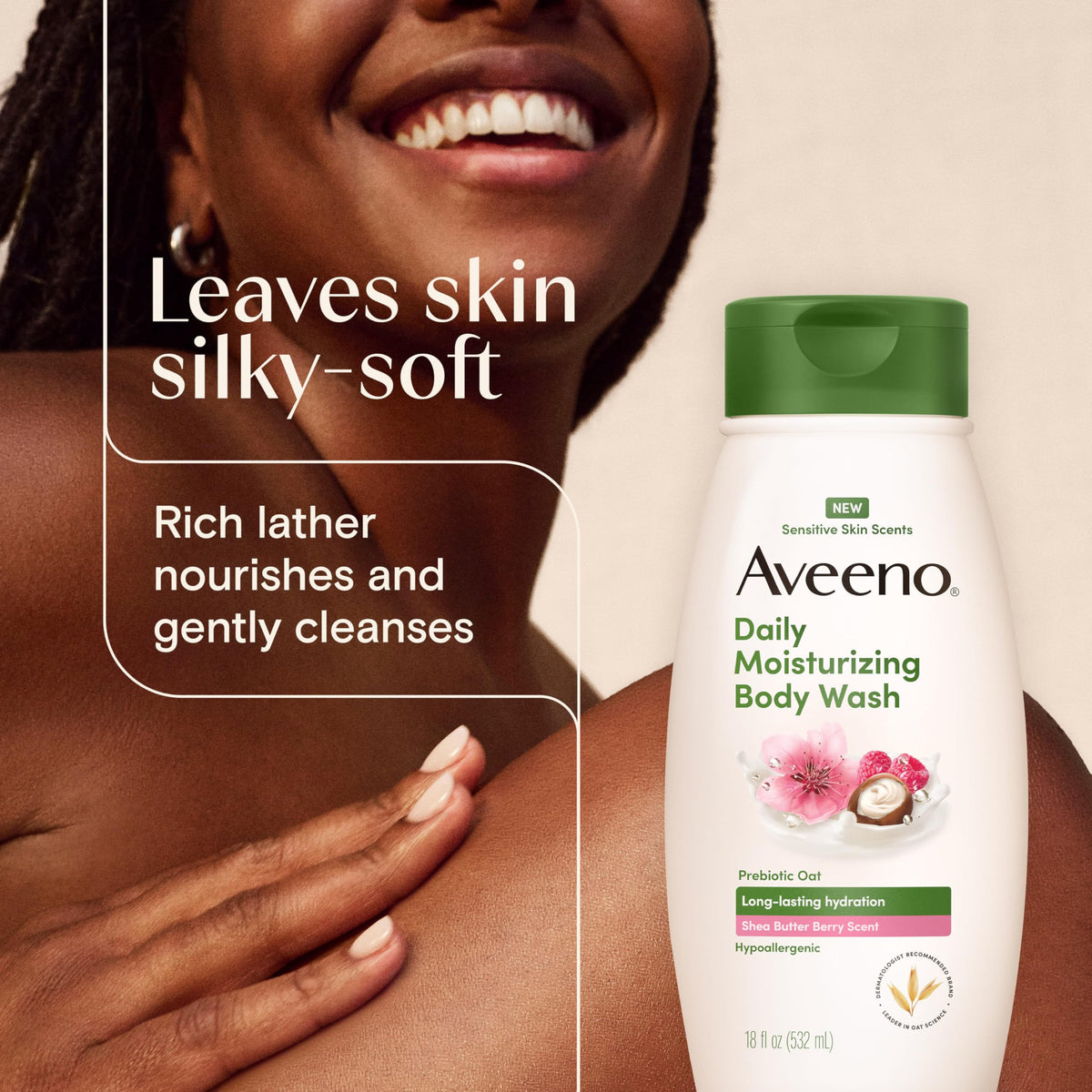 Aveeno 18 fl oz bottle held in hand showing true size and travel convenience