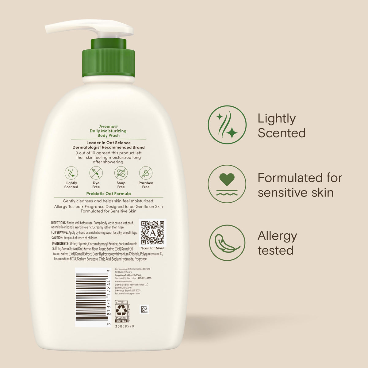 Aveeno 33 oz next to towel showing value size and long-lasting supply