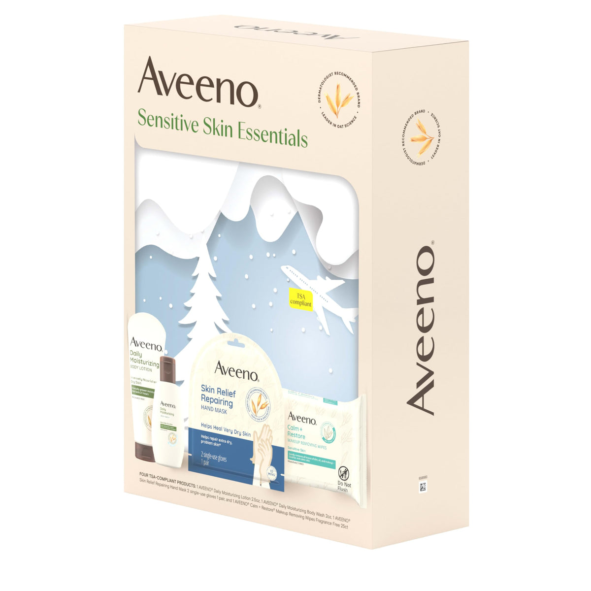 Aveeno products next to passport for size comparison, brand travel-friendly convenience benefit