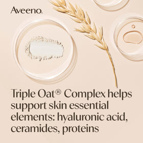 Aveeno bottle next to hand showing 18 fl oz scale and travel-friendly size benefit
