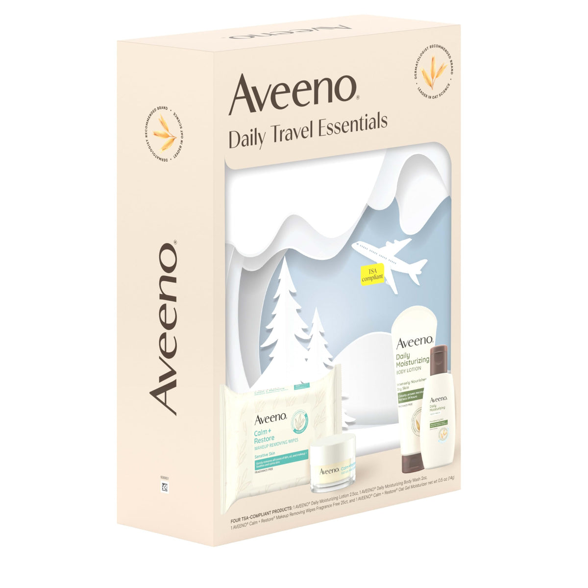 Aveeno travel sizes beside a standard toiletry for clear size comparison convenience