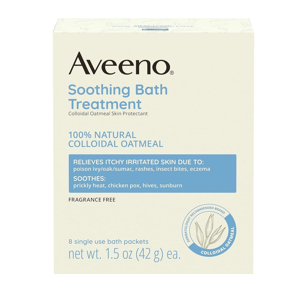 Aveeno packet in hand for scale showing single-use portion control