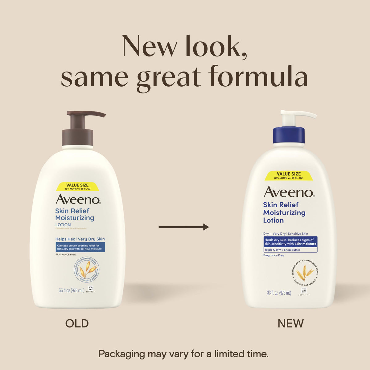 Aveeno pump dispensing lotion close-up showing easy application benefit