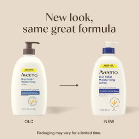 Aveeno pump dispensing lotion close-up showing easy application benefit
