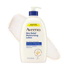Aveeno bottle front view showing brand and fast-absorbing moisturizer benefits