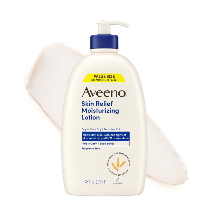 Aveeno bottle front view showing brand and fast-absorbing moisturizer benefits