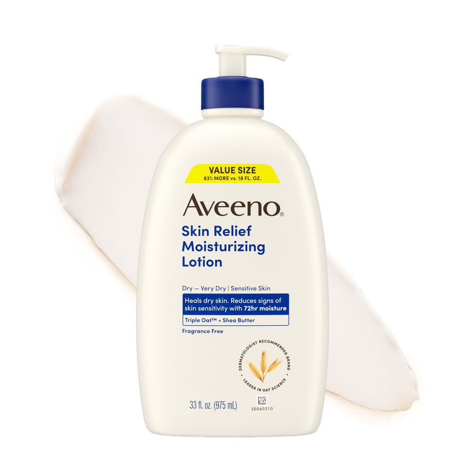 Aveeno bottle front view showing brand and fast-absorbing moisturizer benefits