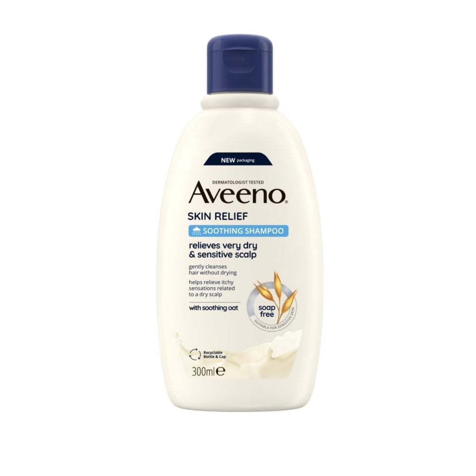 Aveeno front packaging showing bottle and 300ml size for easy identification and benefit