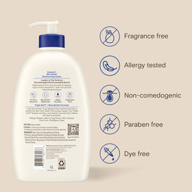 Shea butter and oats beside Aveeno bottle highlighting natural soothing benefit