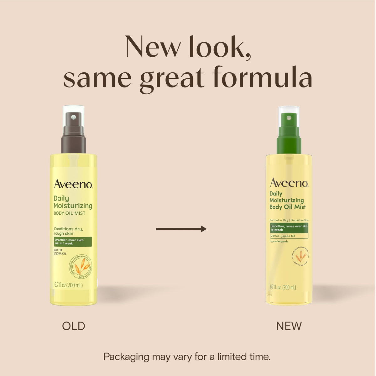 Aveeno mist spraying from nozzle demonstrating even, lightweight coverage benefit