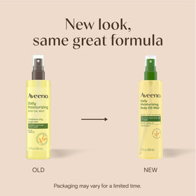 Aveeno mist spraying from nozzle demonstrating even, lightweight coverage benefit