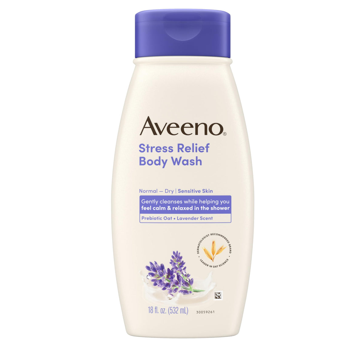 Aveeno front bottle showing label and calming lavender scent benefit