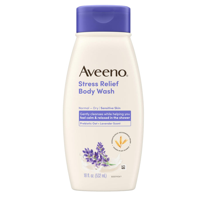 Aveeno front bottle showing label and calming lavender scent benefit