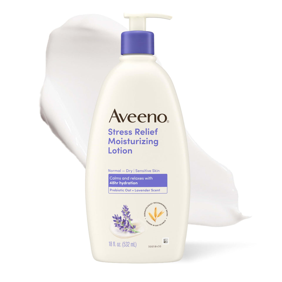 Aveeno bottle front packaging showing calming lavender and oat benefits
