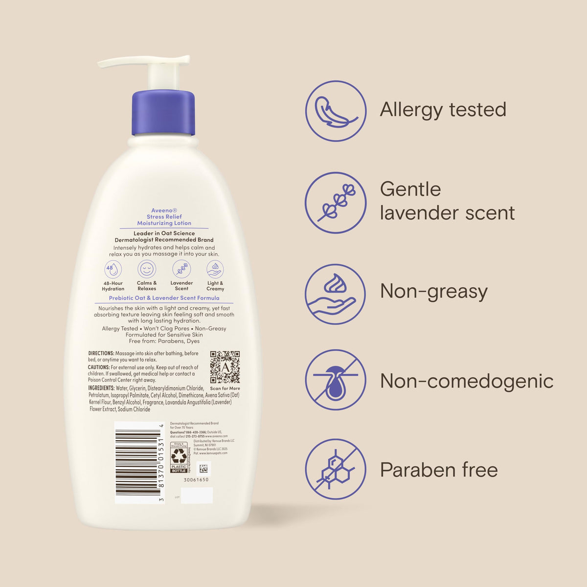 Aveeno ingredient label close-up showing prebiotic oat and formulation benefits