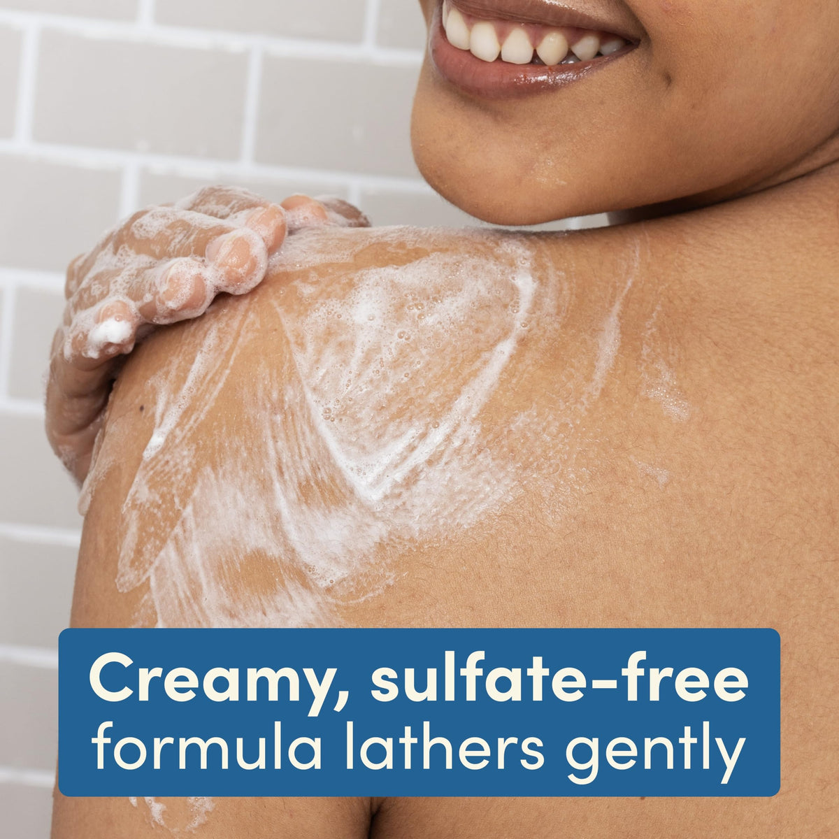 Aveeno texture close-up lather on hand showing mild, soothing oat comfort
