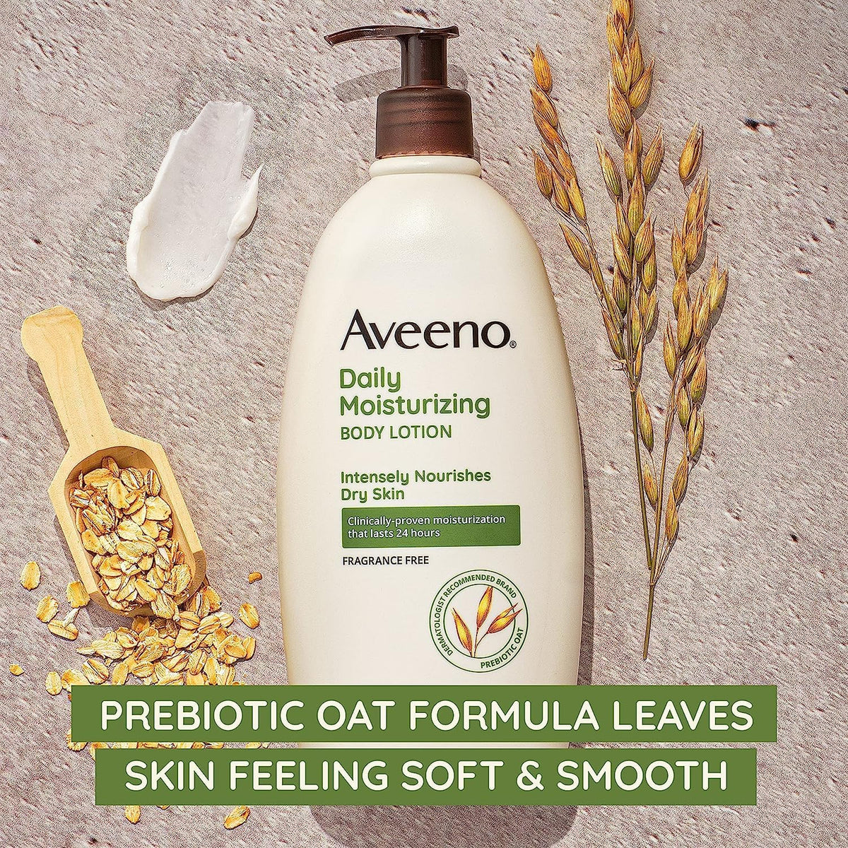 Aveeno lotion texture swipe on skin showing fast absorption and non-greasy finish