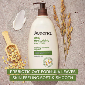 Aveeno lotion texture swipe on skin showing fast absorption and non-greasy finish