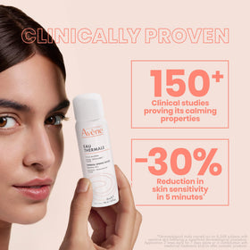 Avène bottle label highlighting thermal spring water purity and mineral balance benefit