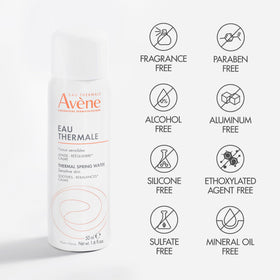 Avène bottle placed by a natural spring backdrop suggesting source purity