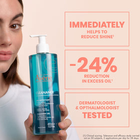 Model using Avène Cleanance on face illustrating gentle cleansing routine