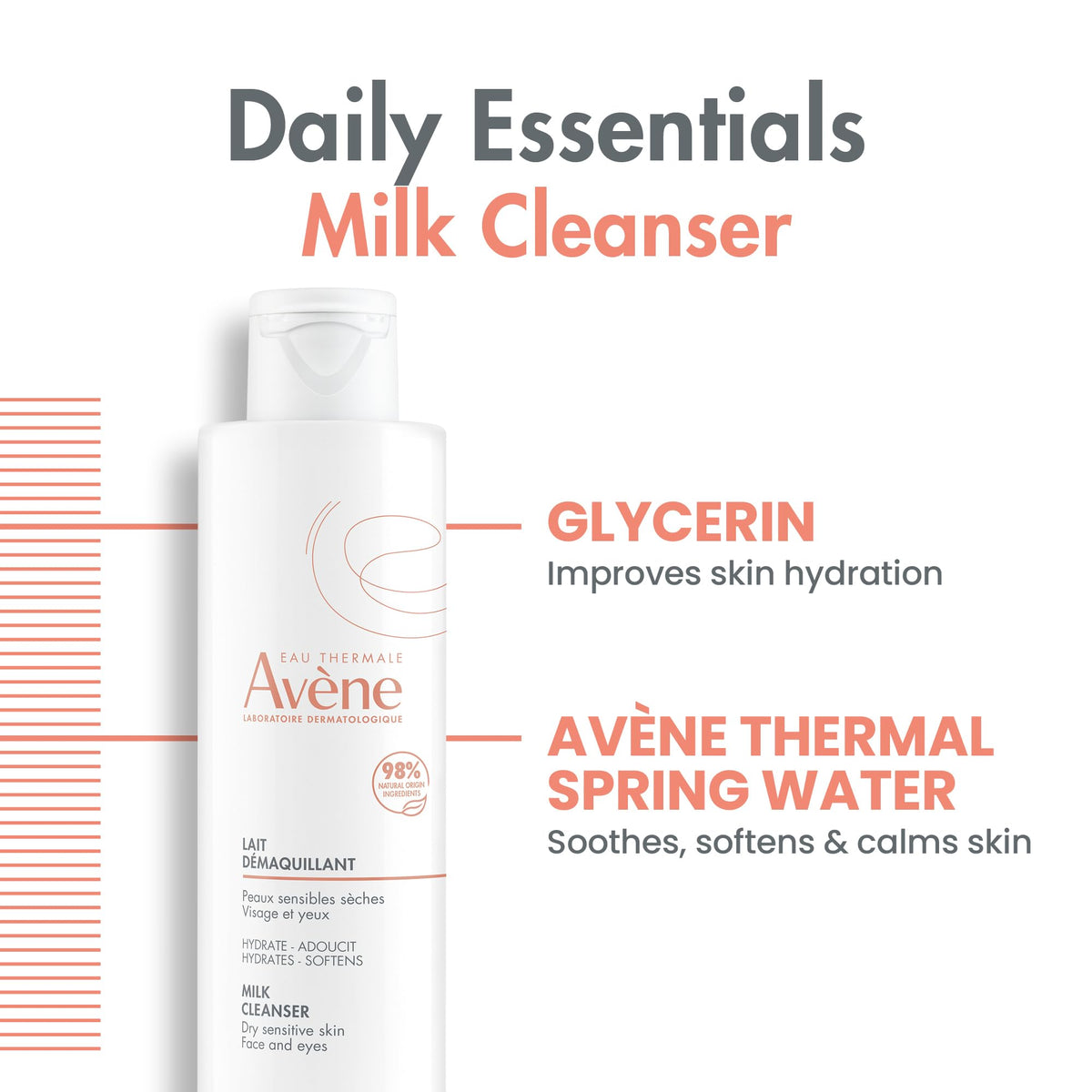 Avène Gentle Milk bottle beside thermal spring water emphasizing soothing benefit