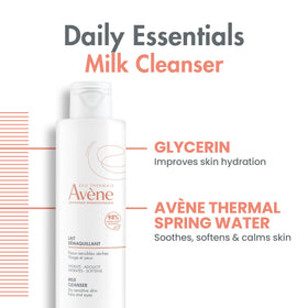 Avène Gentle Milk bottle beside thermal spring water emphasizing soothing benefit