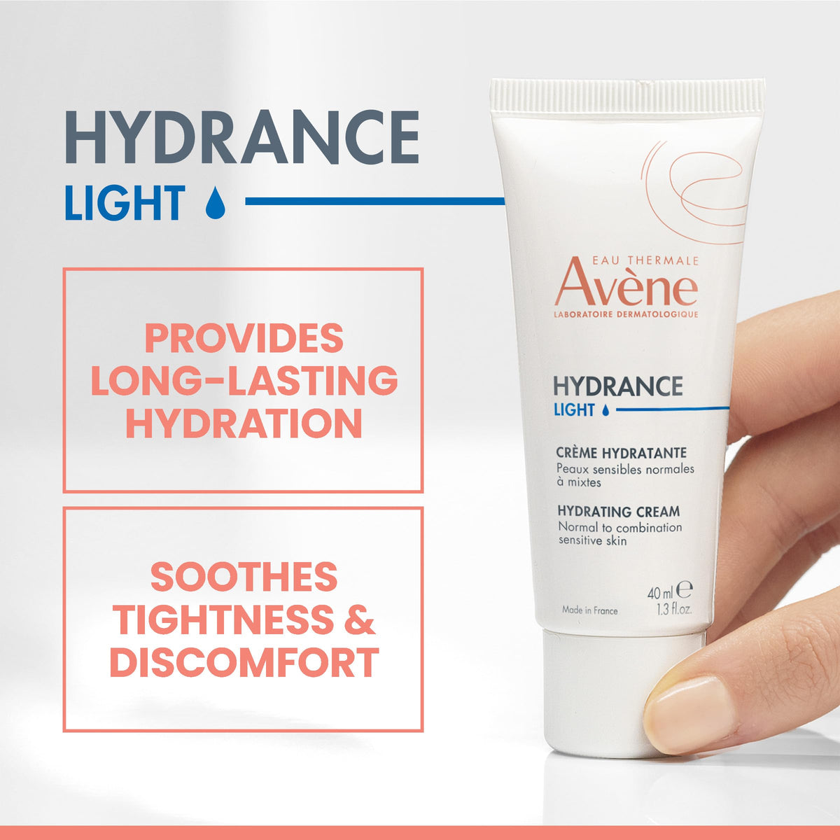 Avène Hydrance Light pump dispenser close-up demonstrating easy, hygienic dispensing