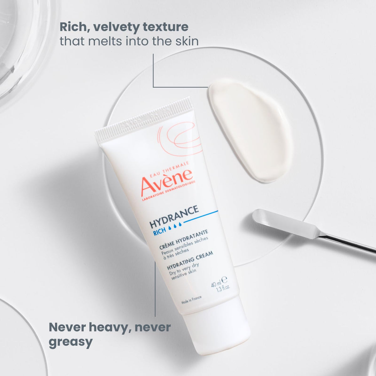 Avène Hydrance RICH on bathroom vanity lifestyle shot, presents everyday skincare comfort and ritual