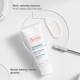 Avène Hydrance RICH on bathroom vanity lifestyle shot, presents everyday skincare comfort and ritual