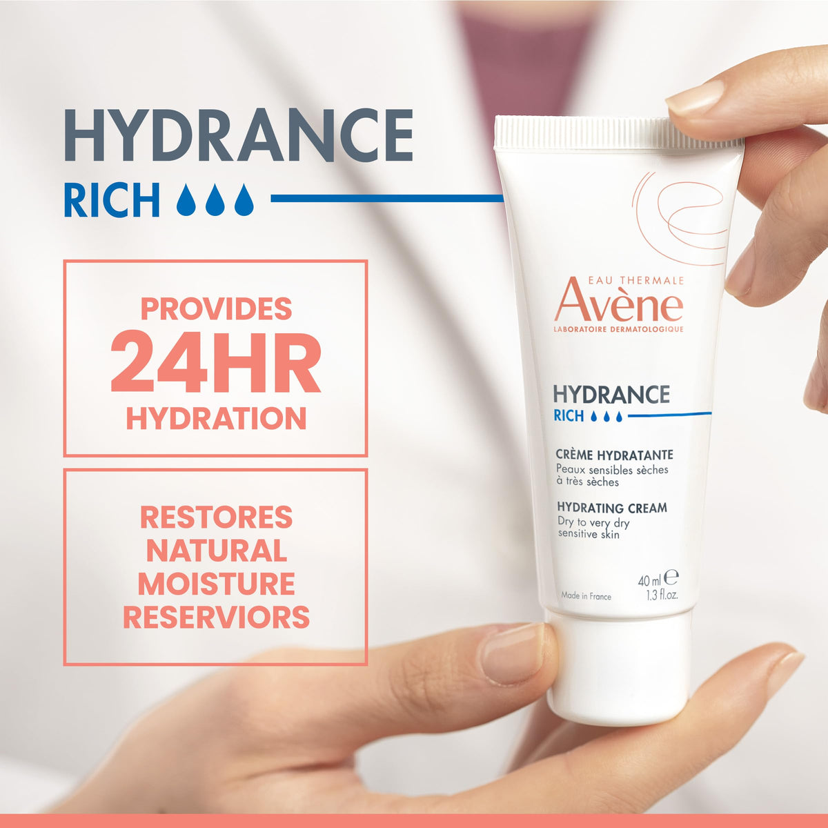 Avène Hydrance RICH open jar texture close-up, highlights creamy emollient feel for comfort