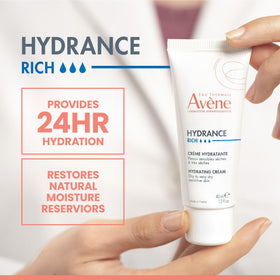 Avène Hydrance RICH open jar texture close-up, highlights creamy emollient feel for comfort