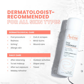 Avène mist applied after sun exposure to soothe and refresh irritated skin