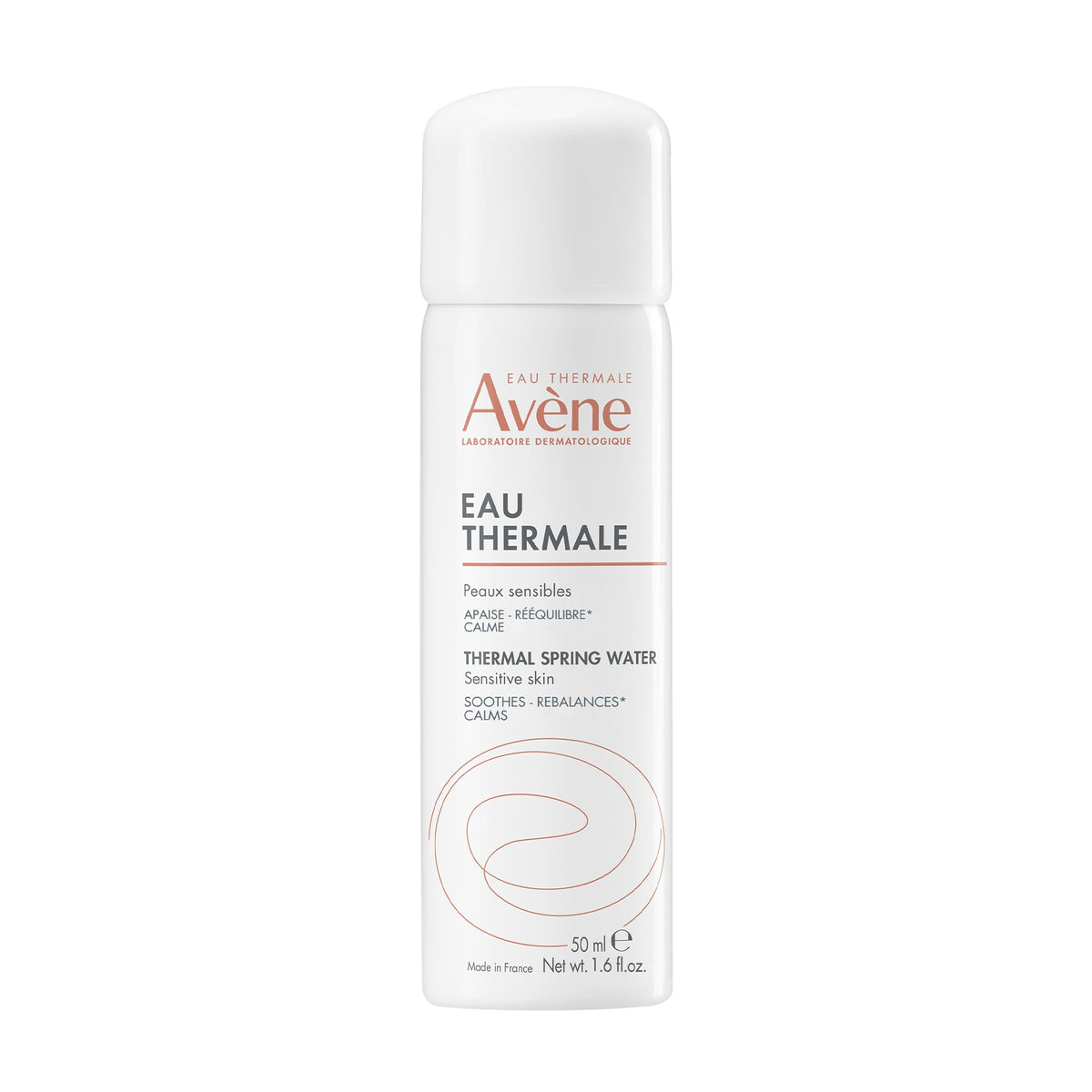 Avène thermal spring water front bottle showing compact 1.6 oz size and portability