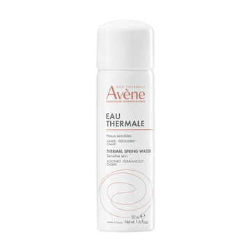 Avène thermal spring water front bottle showing compact 1.6 oz size and portability