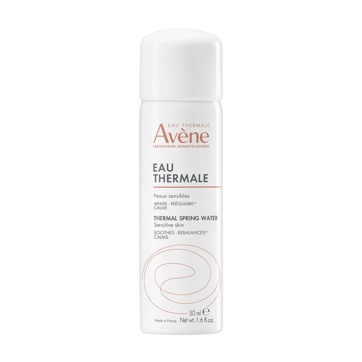 Avène thermal spring water front bottle showing compact 1.6 oz size and portability