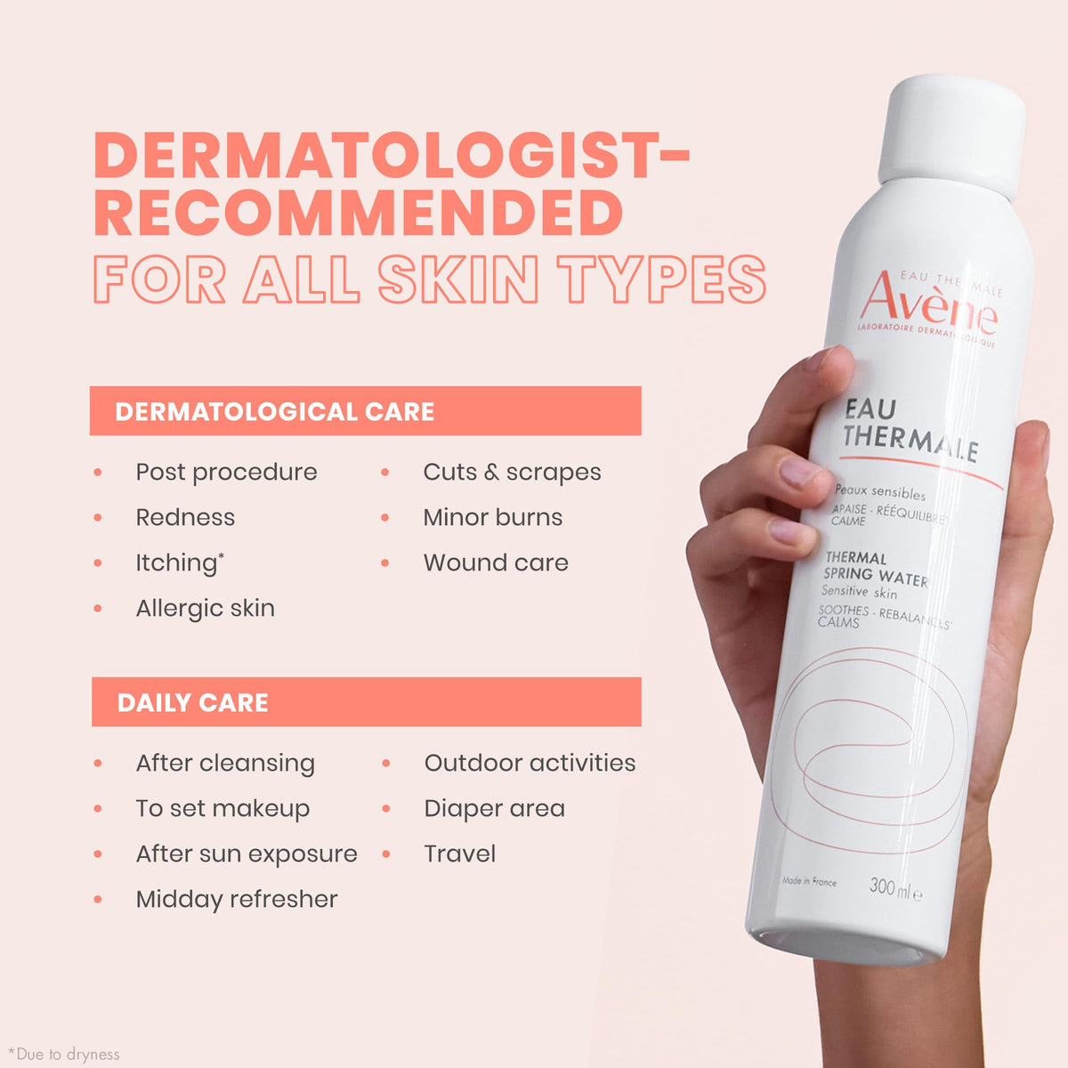 Eau Thermale Avène size comparison in hand illustrating travel-friendly volume