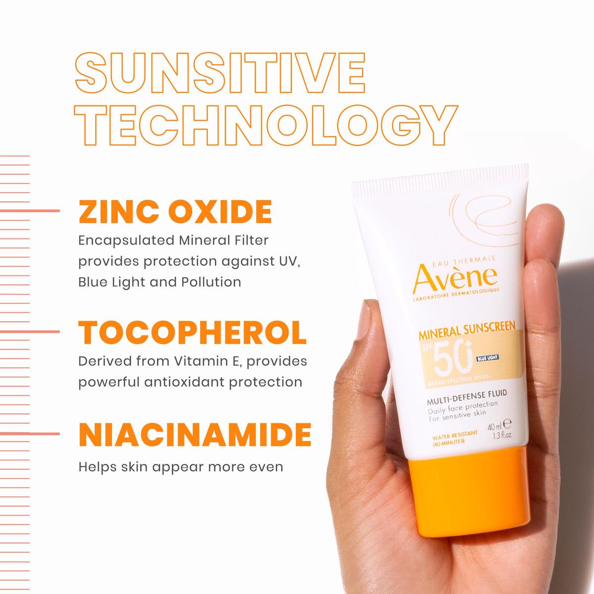 Avène label detail highlighting mineral SPF and fragrance-free formula