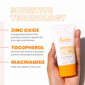 Avène label detail highlighting mineral SPF and fragrance-free formula