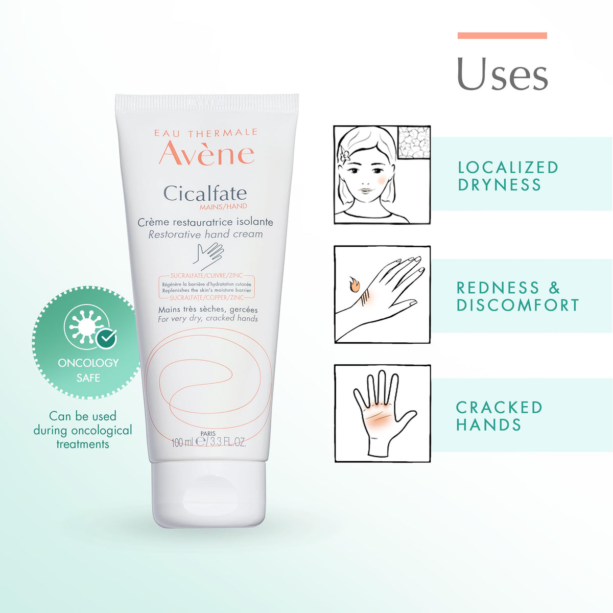 Eau Thermale Avène tube beside ruler showing 3.3 oz size and travel-friendly benefit