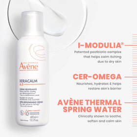 13.5 oz pump held in hand displaying Avène size and family-friendly benefit